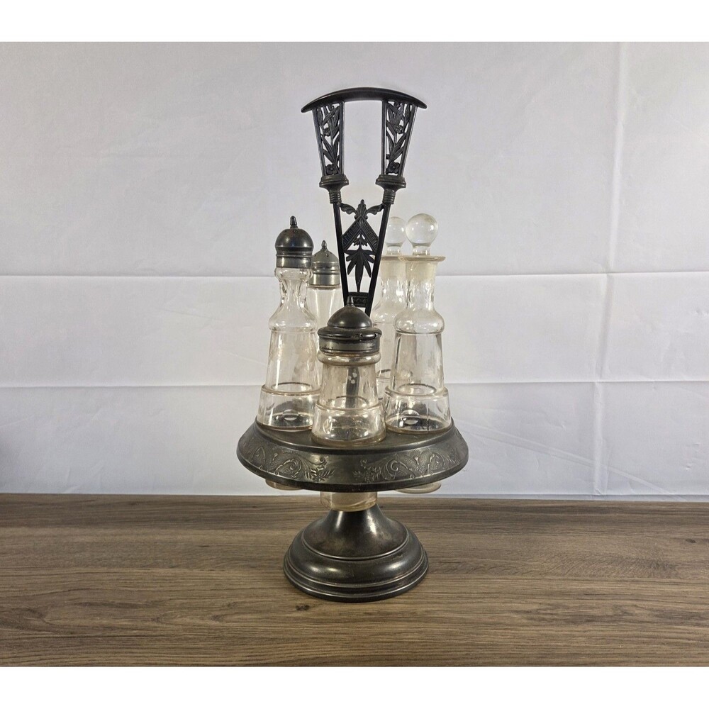 Antique 1880s Meriden Britannia Quadruple Cruet Castor Set Silverplate